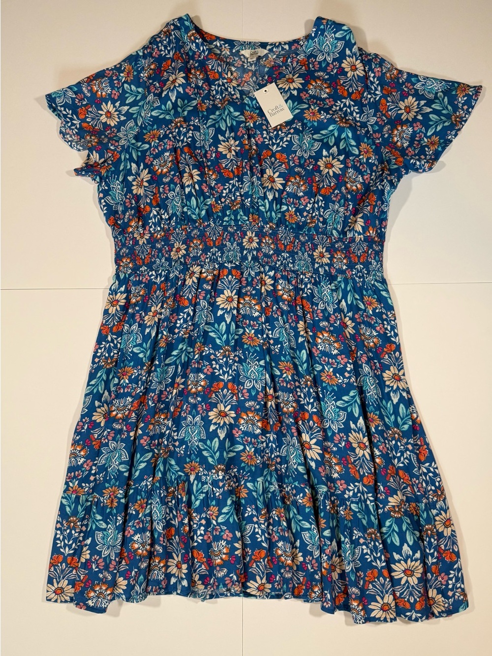 Croft & Barrow Plus 2X Blue Floral Smocked Flutter Sleeve V-Neck Dress NWT